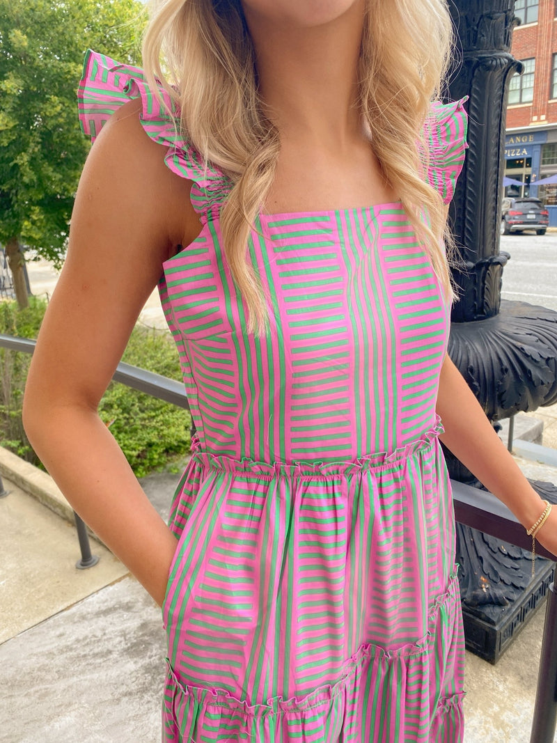 Buy Pink and Green Valda Striped Aurie Tiered Midi Dress Online | Sissy  Boutique