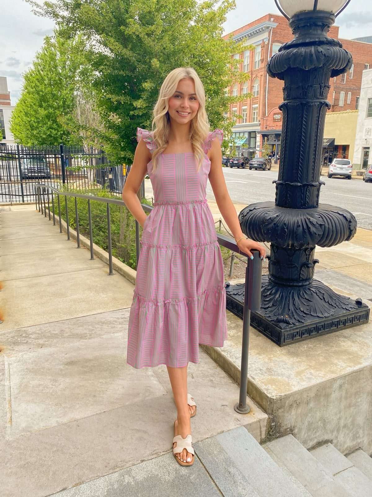 Pink and Green Valda Striped Aurie Tiered Midi Dress | Sugarlips