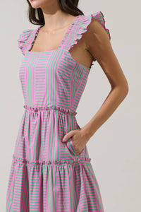 Pink and Green Valda Striped Aurie Tiered Midi Dress | Sugarlips
