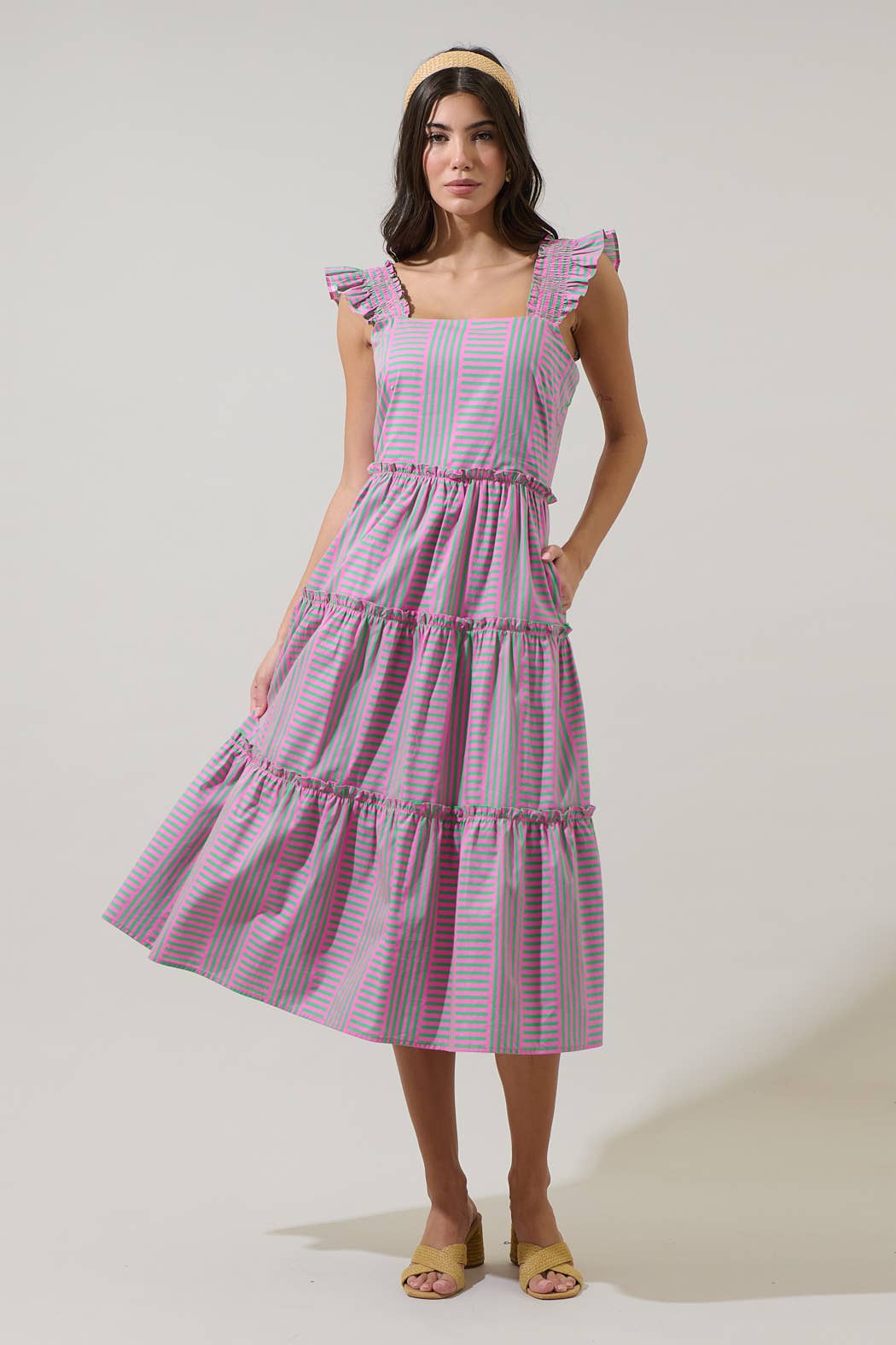 Pink and Green Valda Striped Aurie Tiered Midi Dress | Sugarlips