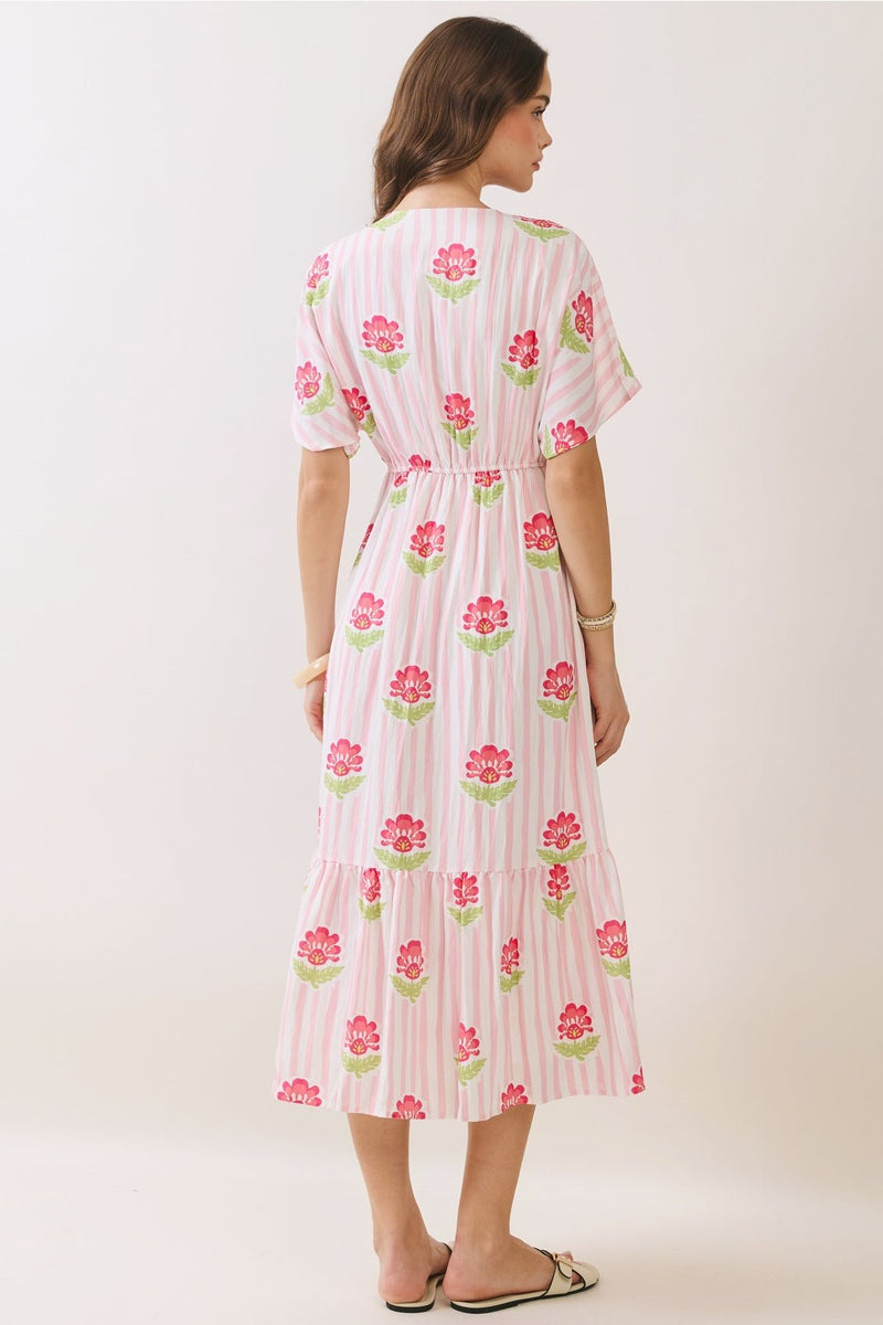 pink and white vertical striped dress Kesyani Mini Dress in Vertical Pink Stripe , V Neck