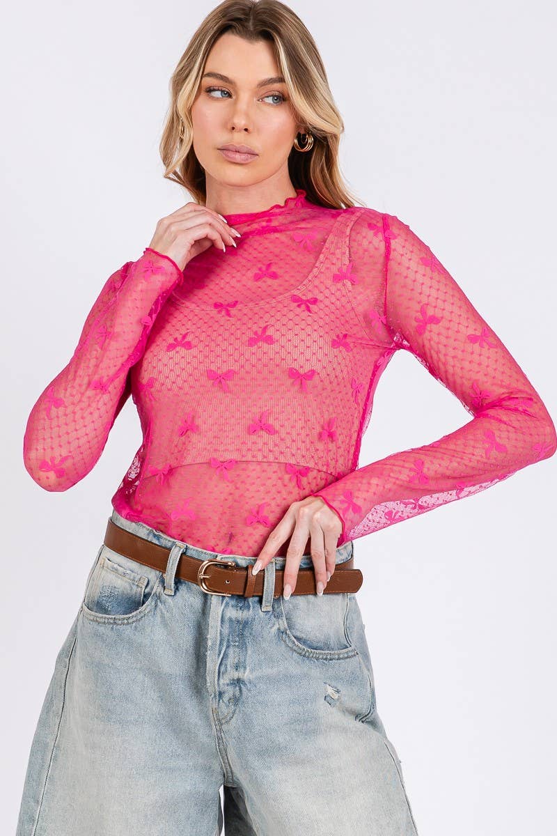 PINK BOW PRINT LONG SLEEVE LACE TOP | Sewn and Seen