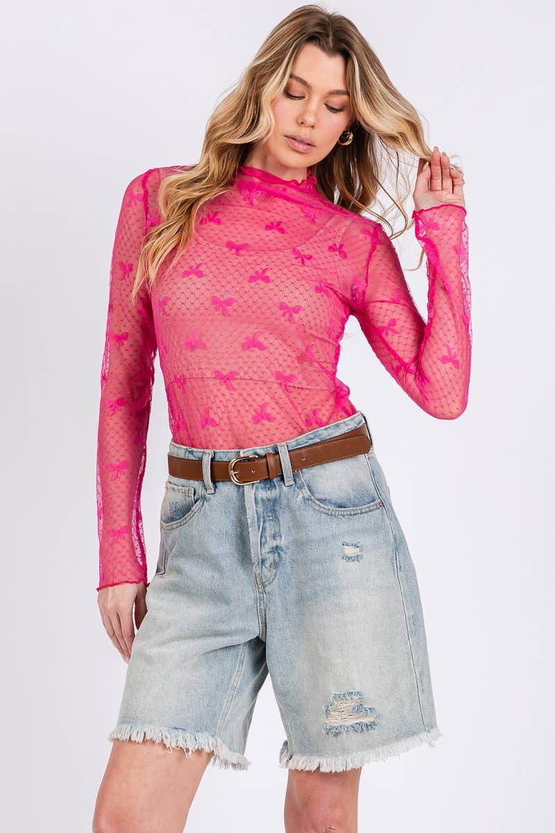 PINK BOW PRINT LONG SLEEVE LACE TOP | Sewn and Seen