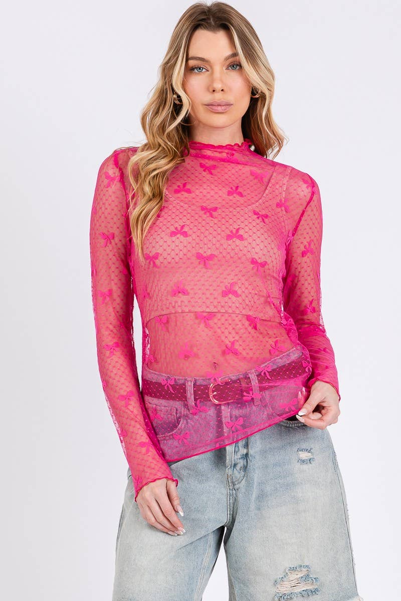 PINK BOW PRINT LONG SLEEVE LACE TOP | Sewn and Seen