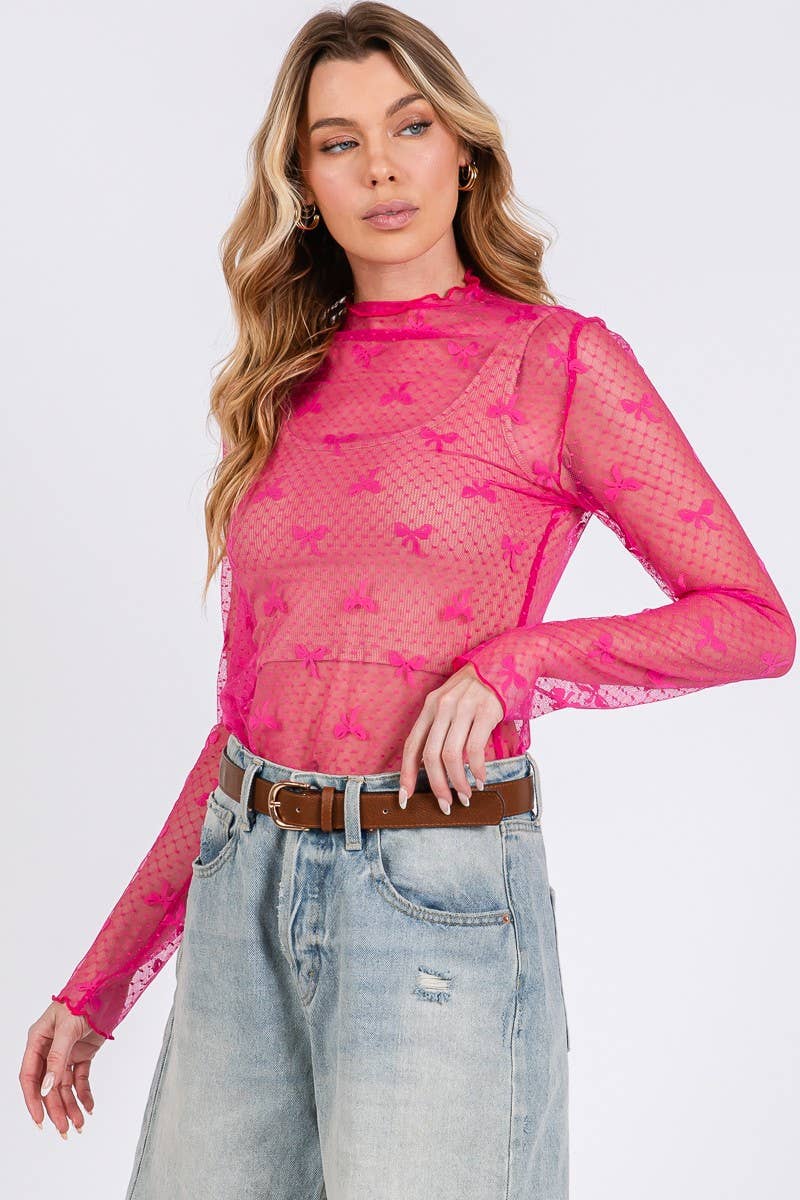 PINK BOW PRINT LONG SLEEVE LACE TOP | Sewn and Seen