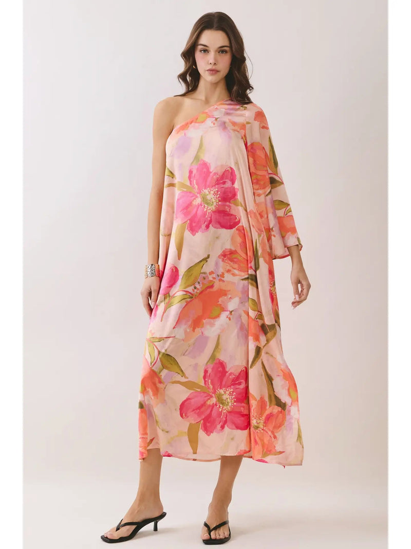 pink floral print chiffon one shoulder draped bodycon dress Late Night | Pink Floral Print Maternity Ruched One Shoulder Midi Dres   Club L London