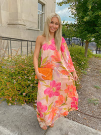 Pink Floral Print One Shoulder Maxi Dress | TCEC