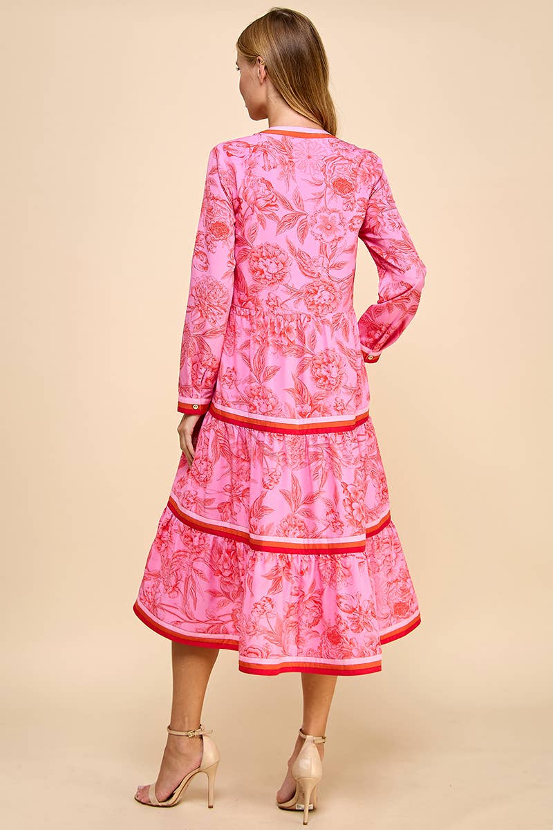 Pink Floral Print Tiered Stripe Midi Dress Large Pink Floral Print Tiered Stripe Midi Dress Large