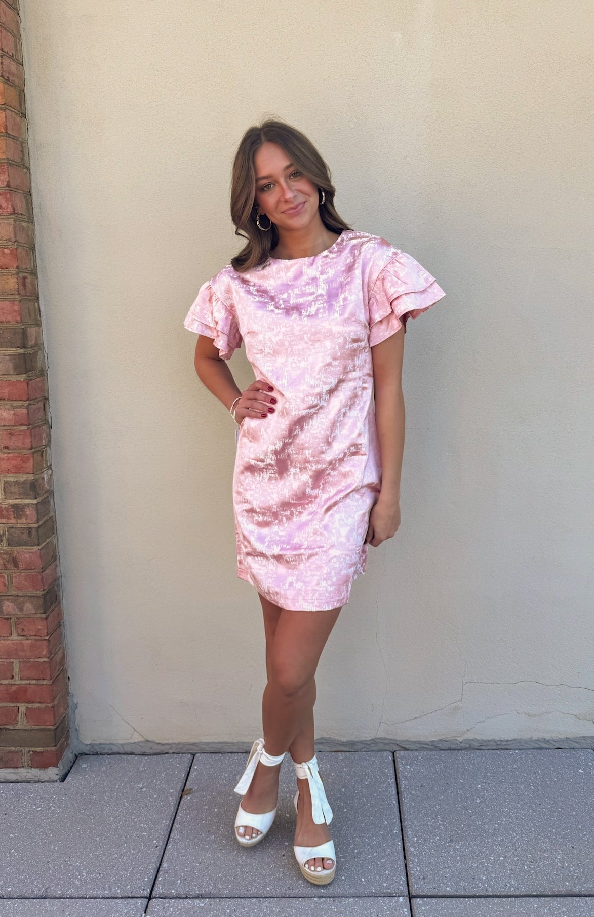 Pink Metallic Ruffle Short Sleeve Dress