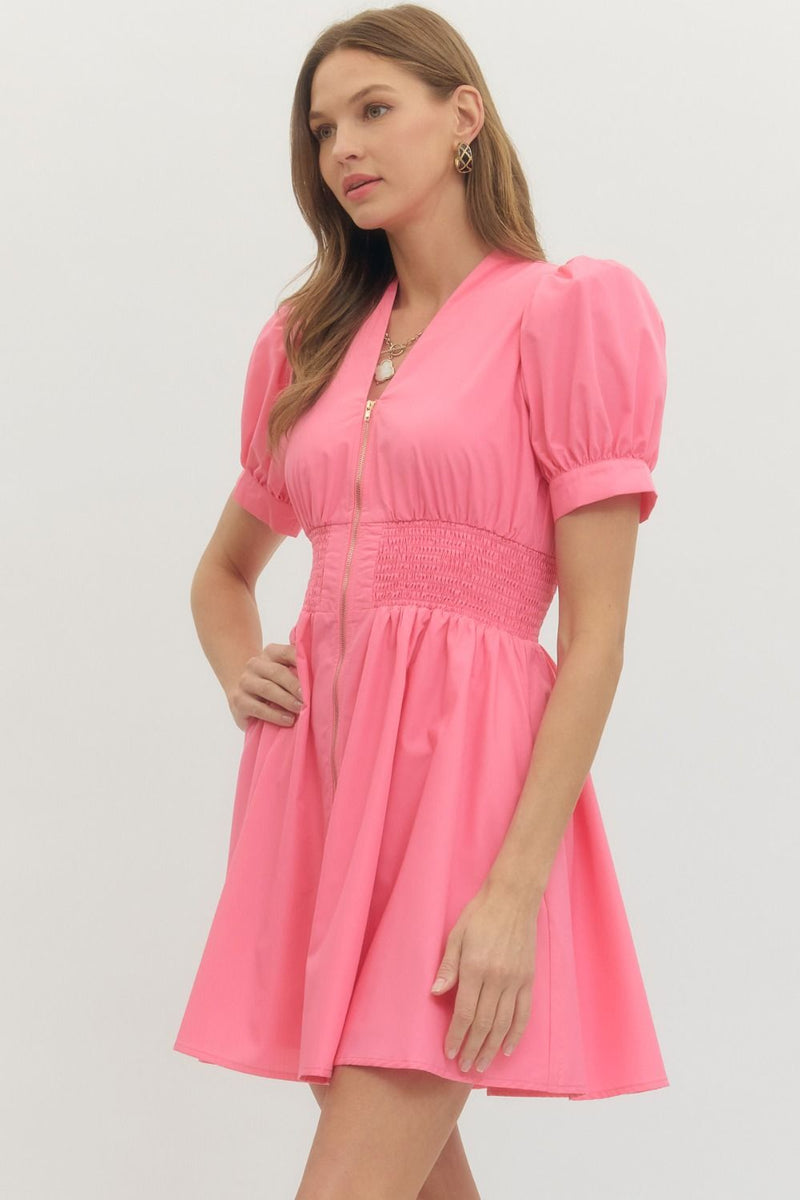 pink puff dress short Pink Puffy Organza Short Beaded Prom Dress Sweetheart