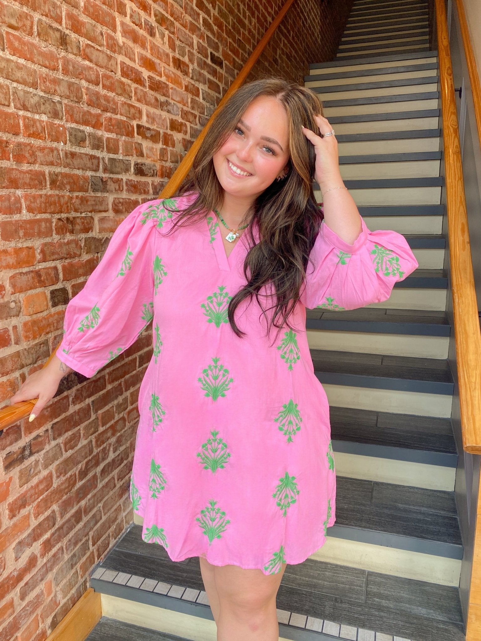 Pink V Neck Mini Dress With Green Floral Embroidery And Puff Sleeves Medium