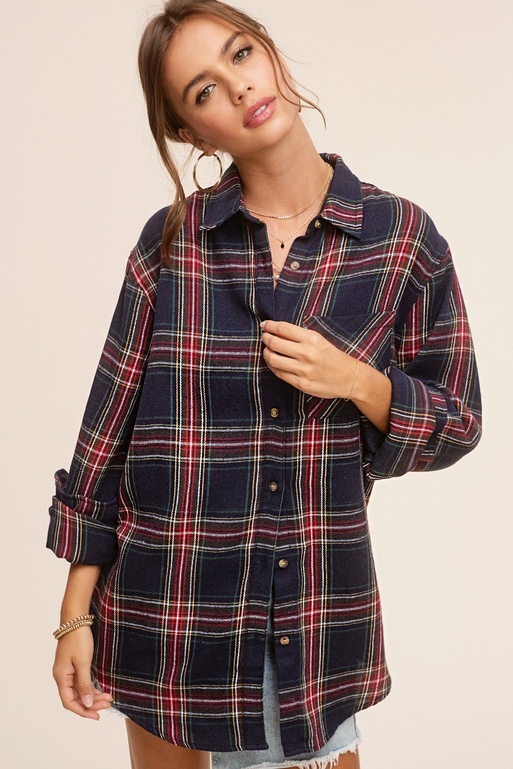 PLAID NAVY AND RED BUTTON DOWN FLANNEL COLLARED SHIRT WITH CHEST POCKET | Sissy Boutique