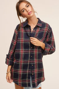 PLAID NAVY AND RED BUTTON DOWN FLANNEL COLLARED SHIRT WITH CHEST POCKET | Sissy Boutique