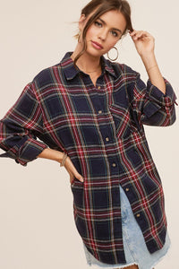 PLAID NAVY AND RED BUTTON DOWN FLANNEL COLLARED SHIRT WITH CHEST POCKET | Sissy Boutique