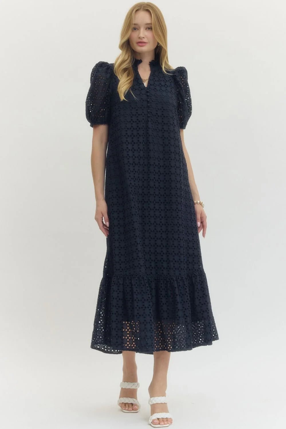 Plus Eyelet Short Puff Sleeve Navy Midi Dress With Pockets 1X Plus Eyelet Short Puff Sleeve Navy Midi Dress With Pockets 1X