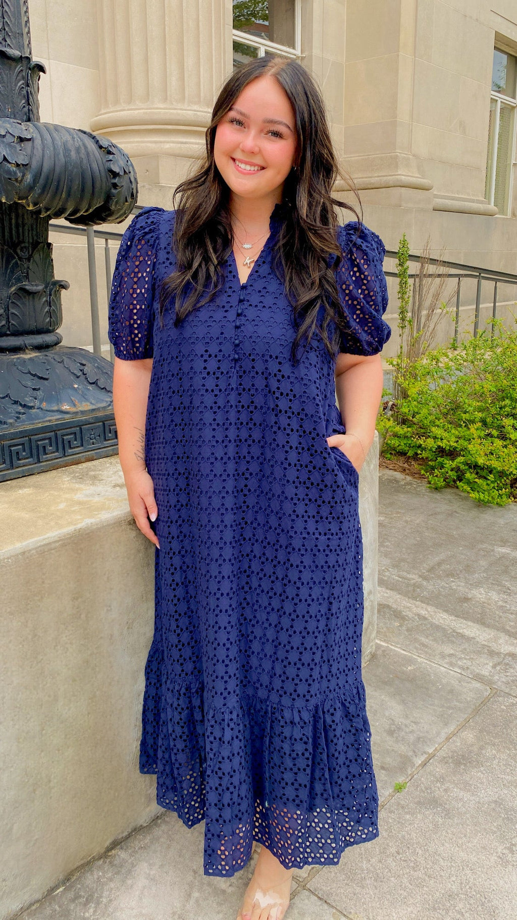 midi dress with pockets Eyelet Short Puff Sleeve NavyMidi (Copy) Small Lace Corseted Gown with Swatch collection:iryl-dress 100% Rayon Color:Black~