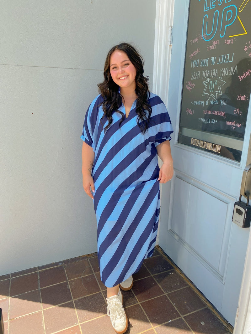 dolman sleeve dress Plus Navy And Light Blue Stripe Dolman Sleeve V-Neck Midi Dress