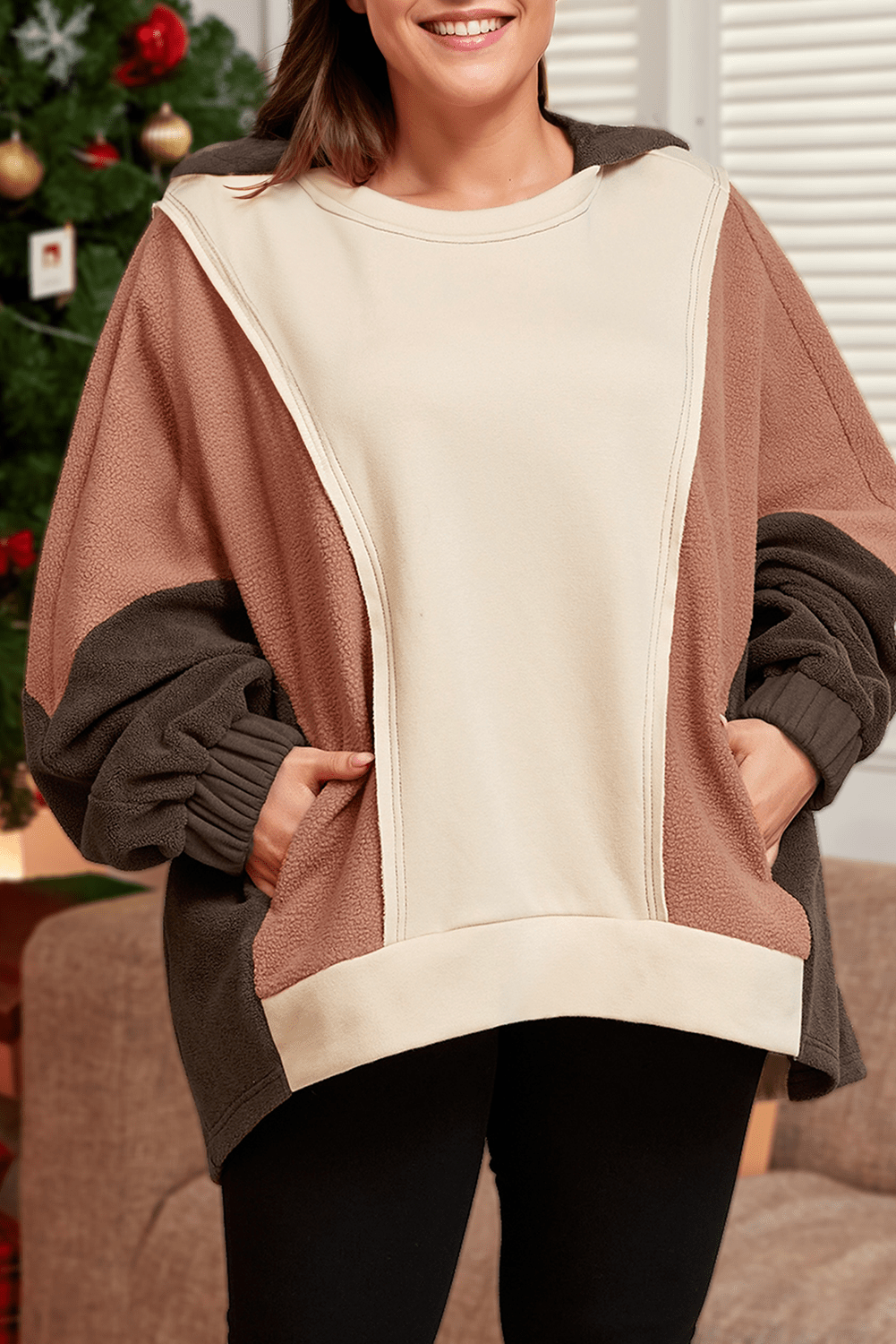Plus Size Colorblock Patchwork Long Sleeve Hooded Sweatshirt | 66DISCO