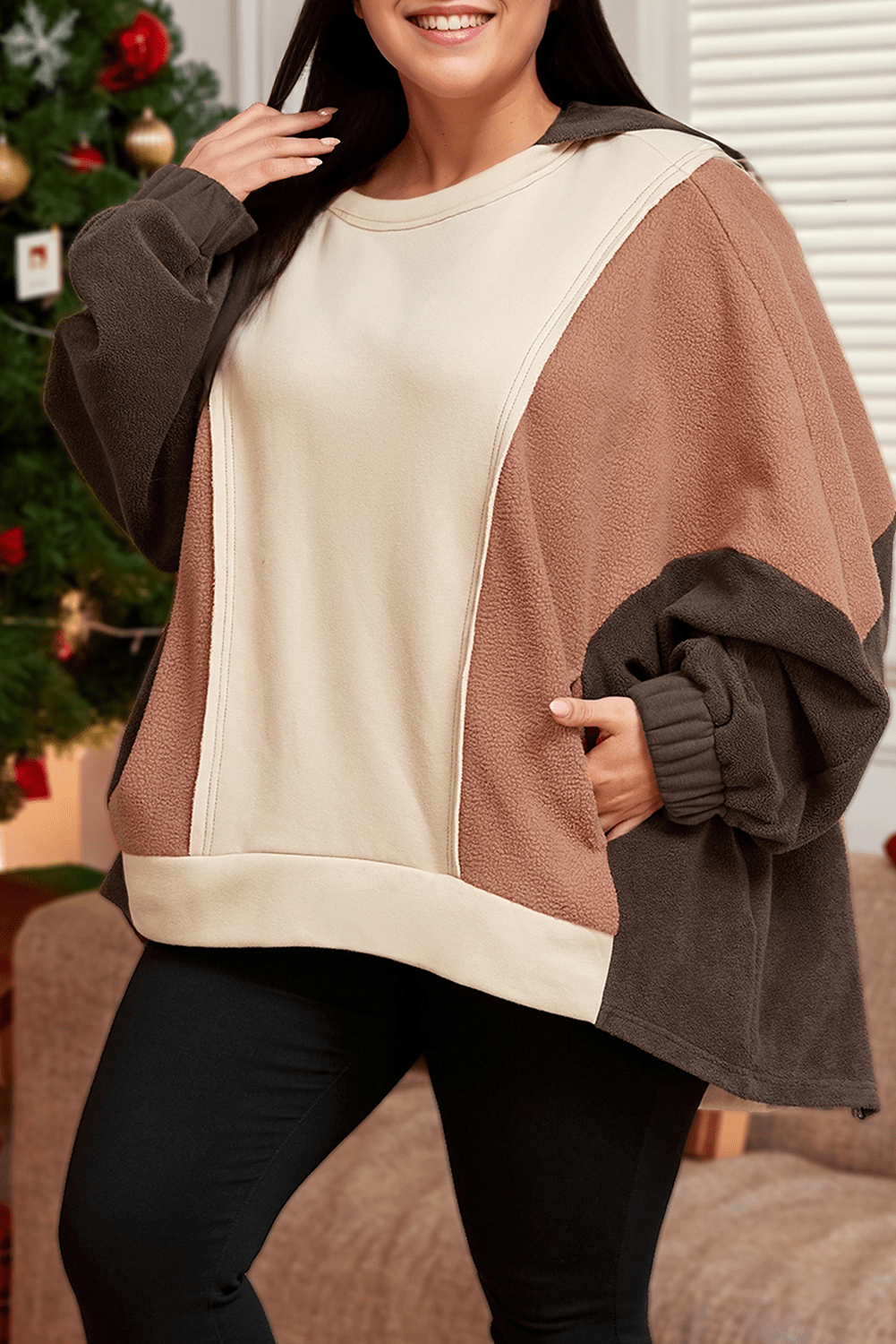 Plus Size Colorblock Patchwork Long Sleeve Hooded Sweatshirt | 66DISCO