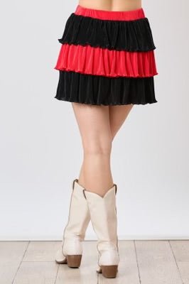 RED AND BLACK GEORGIA TIERED COLOR BLOCK RUFFLE MINI SKIRT | Sissy Boutique