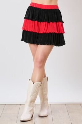 RED AND BLACK GEORGIA TIERED COLOR BLOCK RUFFLE MINI SKIRT | Sissy Boutique
