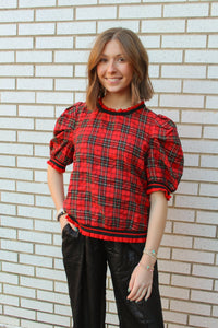 Red and Black Plaid Puff Sleeve Knit Top | Oddi