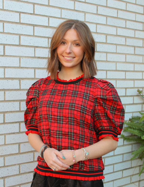 Red and Black Plaid Puff Sleeve Knit Top | Oddi