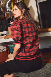 Red and Black Plaid Puff Sleeve Knit Top | Oddi
