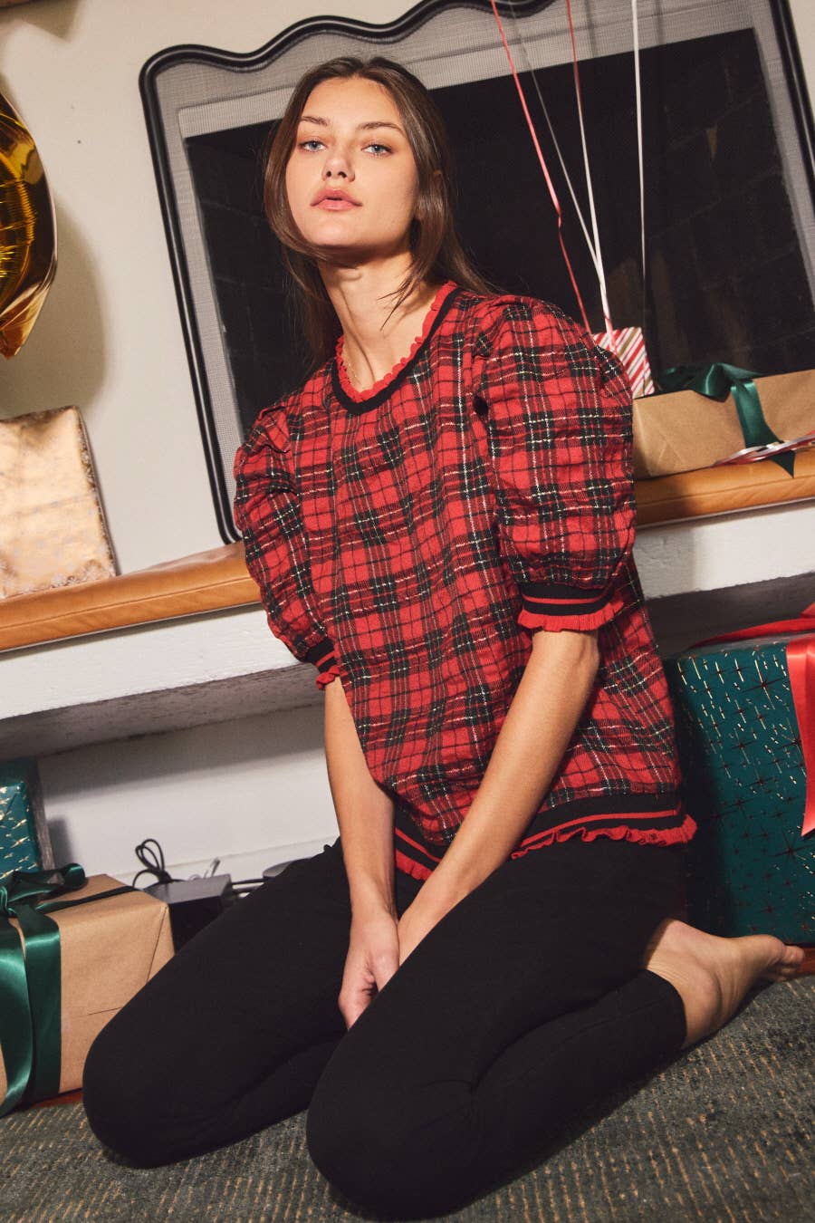 Red and Black Plaid Puff Sleeve Knit Top | Oddi