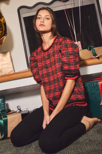 Red and Black Plaid Puff Sleeve Knit Top | Oddi