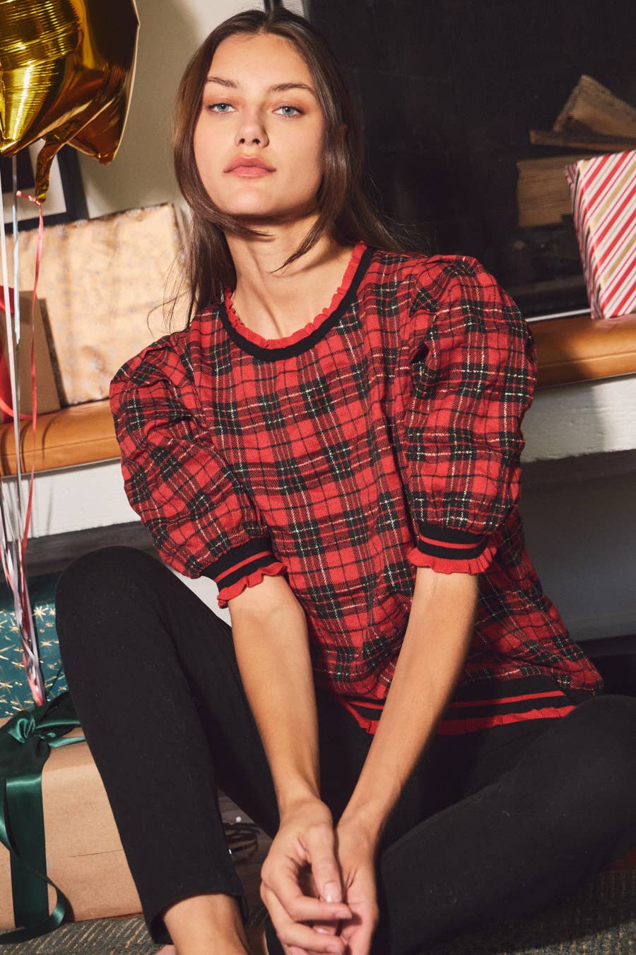 Red and Black Plaid Puff Sleeve Knit Top | Oddi