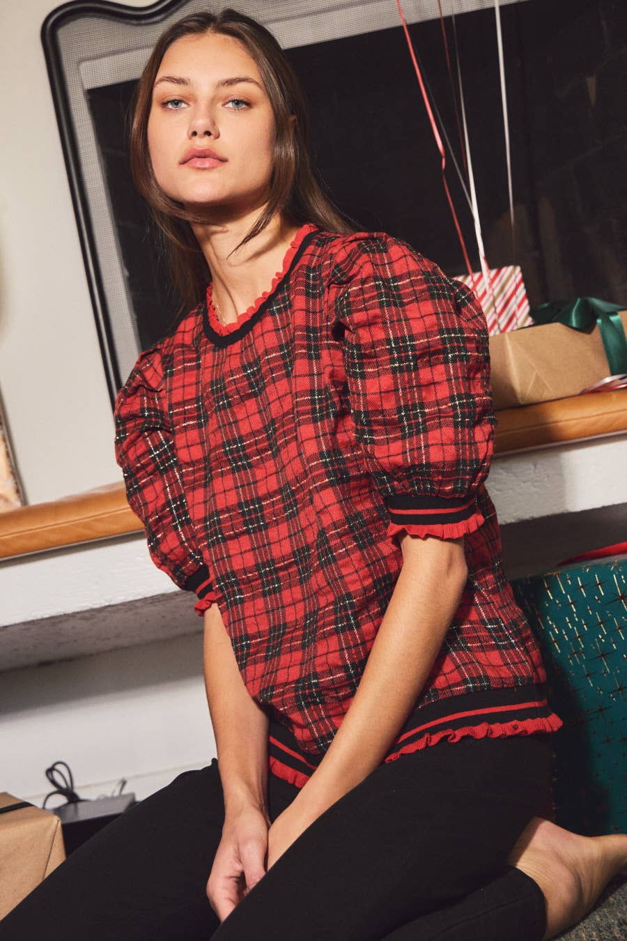 Red and Black Plaid Puff Sleeve Knit Top | Oddi