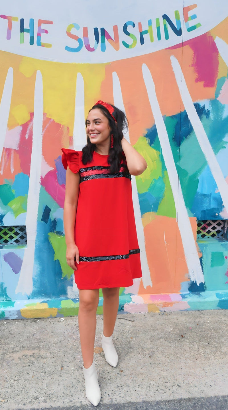 red dress game day RED AND BLACK SHIFT DRESS