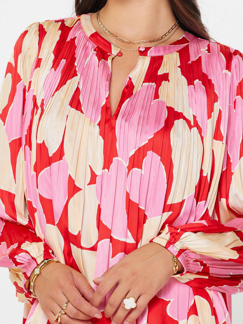 Red and Pink Heart Motif Pleated Blouse (XS -L) Extra Small