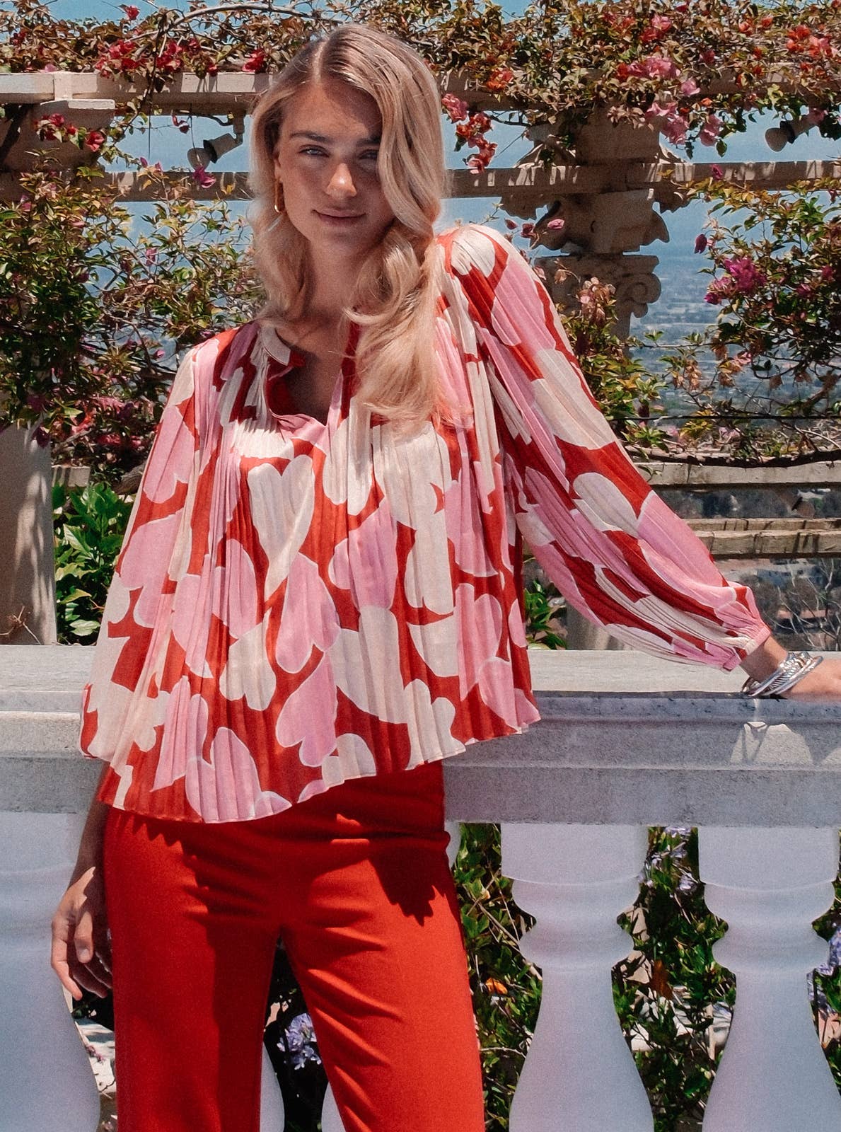 Red and Pink Heart Motif Pleated Blouse (XS -L) | Current Air