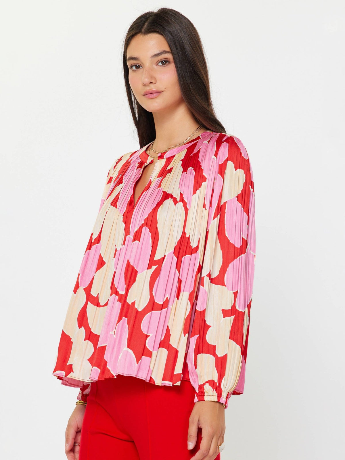 Red and Pink Heart Motif Pleated Blouse (XS -L) | Current Air