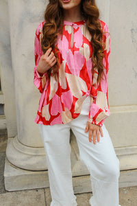 Red and Pink Heart Motif Pleated Blouse (XS -L) | Current Air