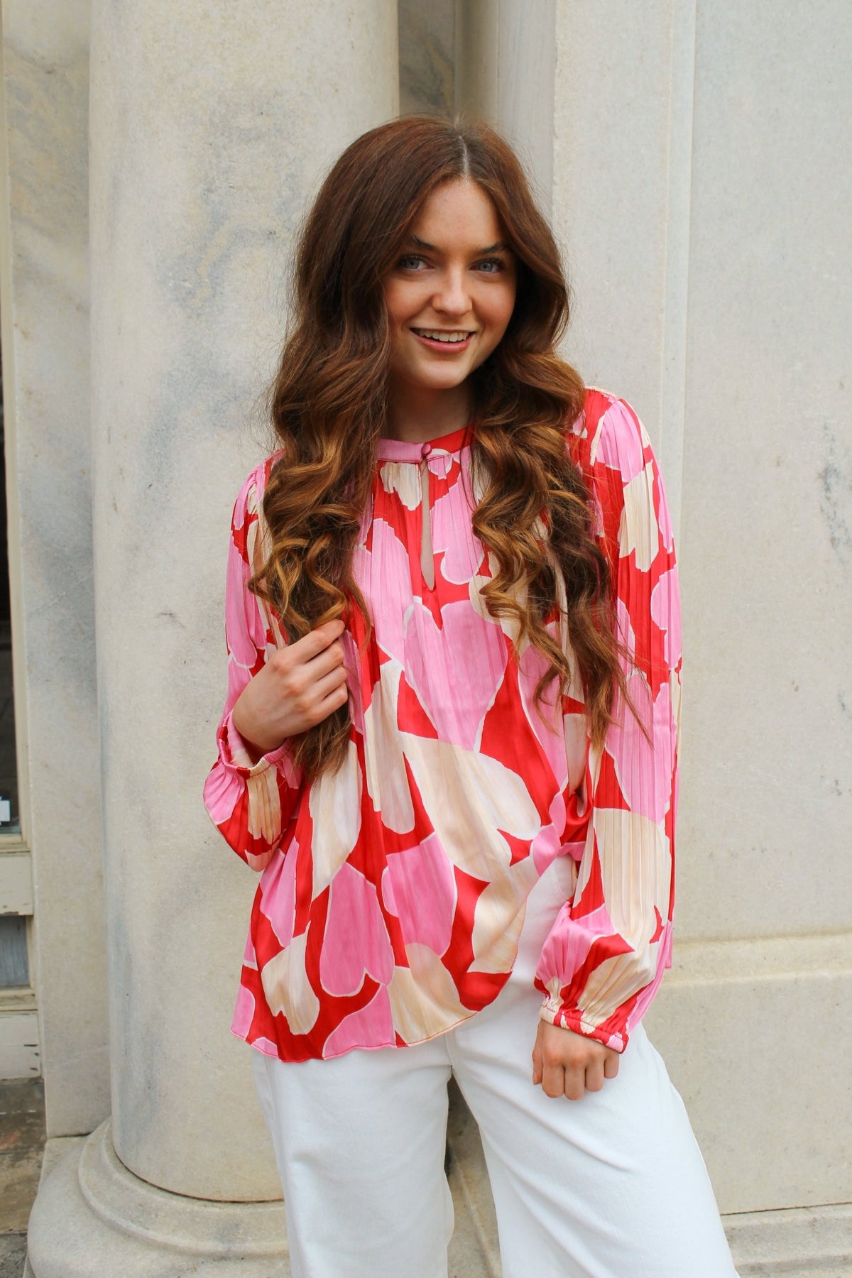 Red and Pink Heart Motif Pleated Blouse (XS -L) | Current Air