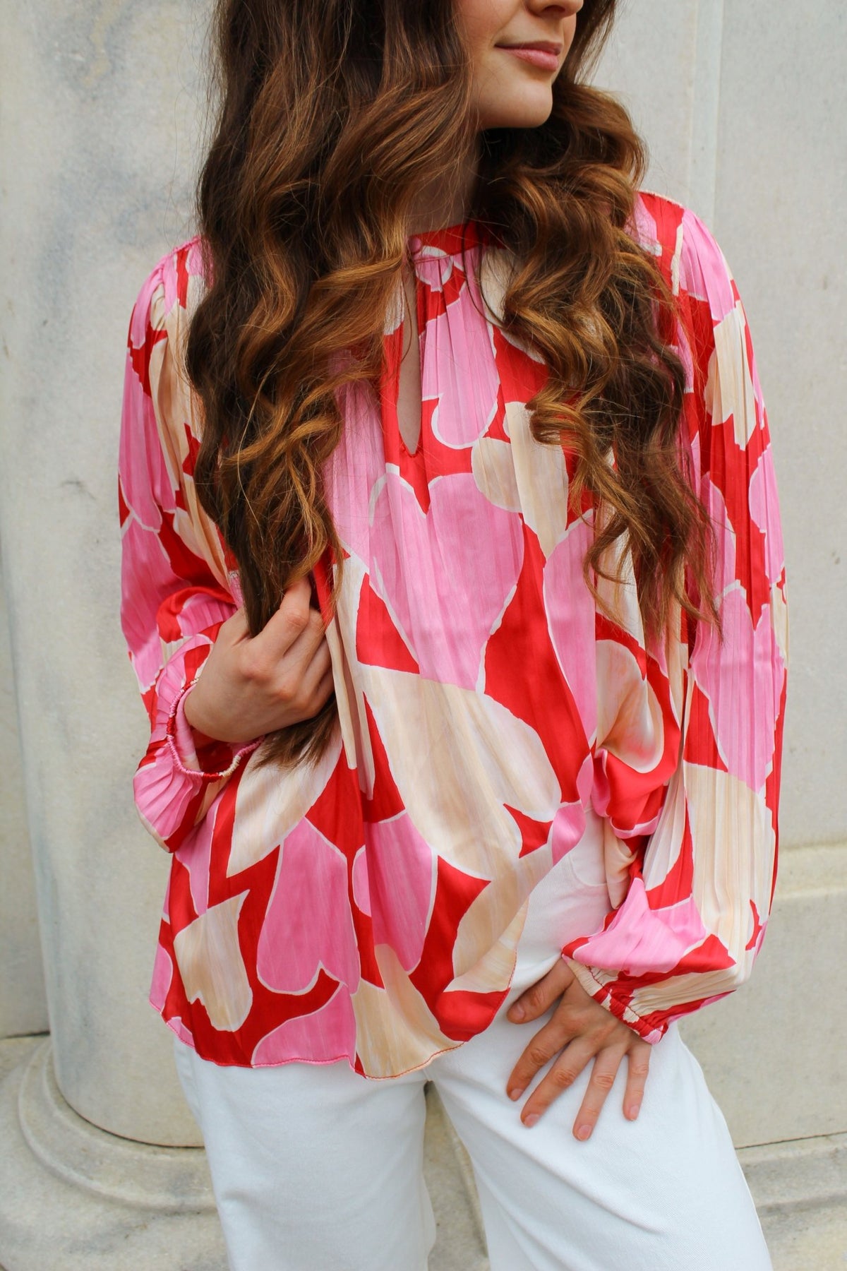 Red and Pink Heart Motif Pleated Blouse (XS -L) | Current Air
