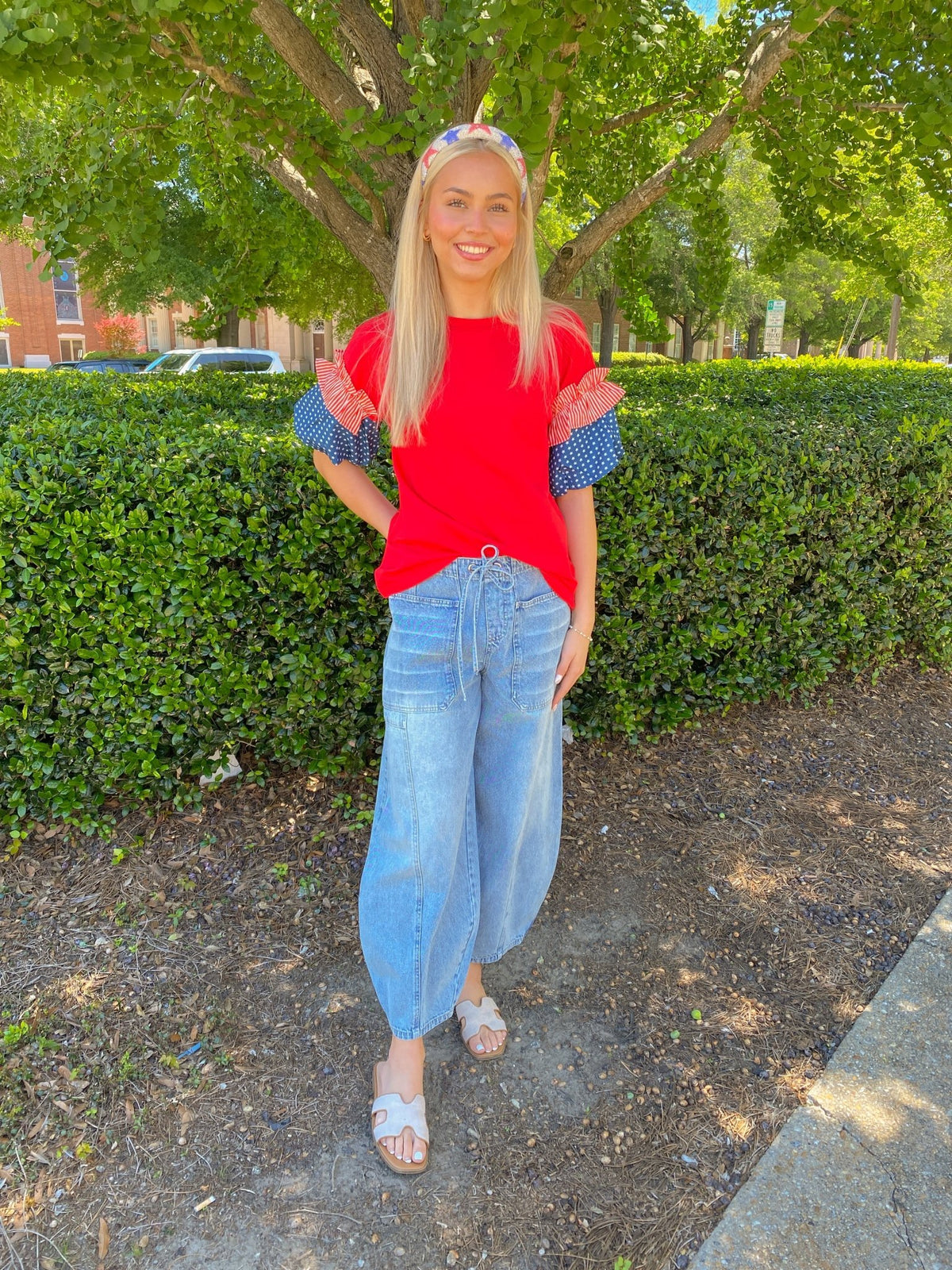 Red Blouse With Ruffled Patriotic Stars & Stripes Sleeves | Sissy Boutique