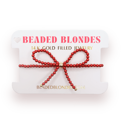 Red Bow Bracelet: Standard 6.75 Inch | Beaded Blondes