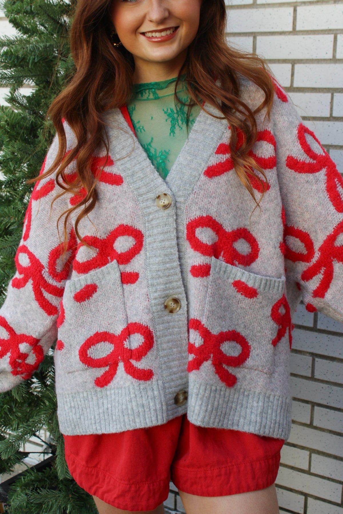 Red Bow Pattern Button Down Knit Grey Cardigan | Blu Pepper