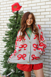 Red Bow Pattern Button Down Knit Grey Cardigan | Blu Pepper