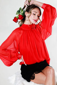 Red Raglan Bubble Sleeve Tie Neck Blouse Top | Vine & Love