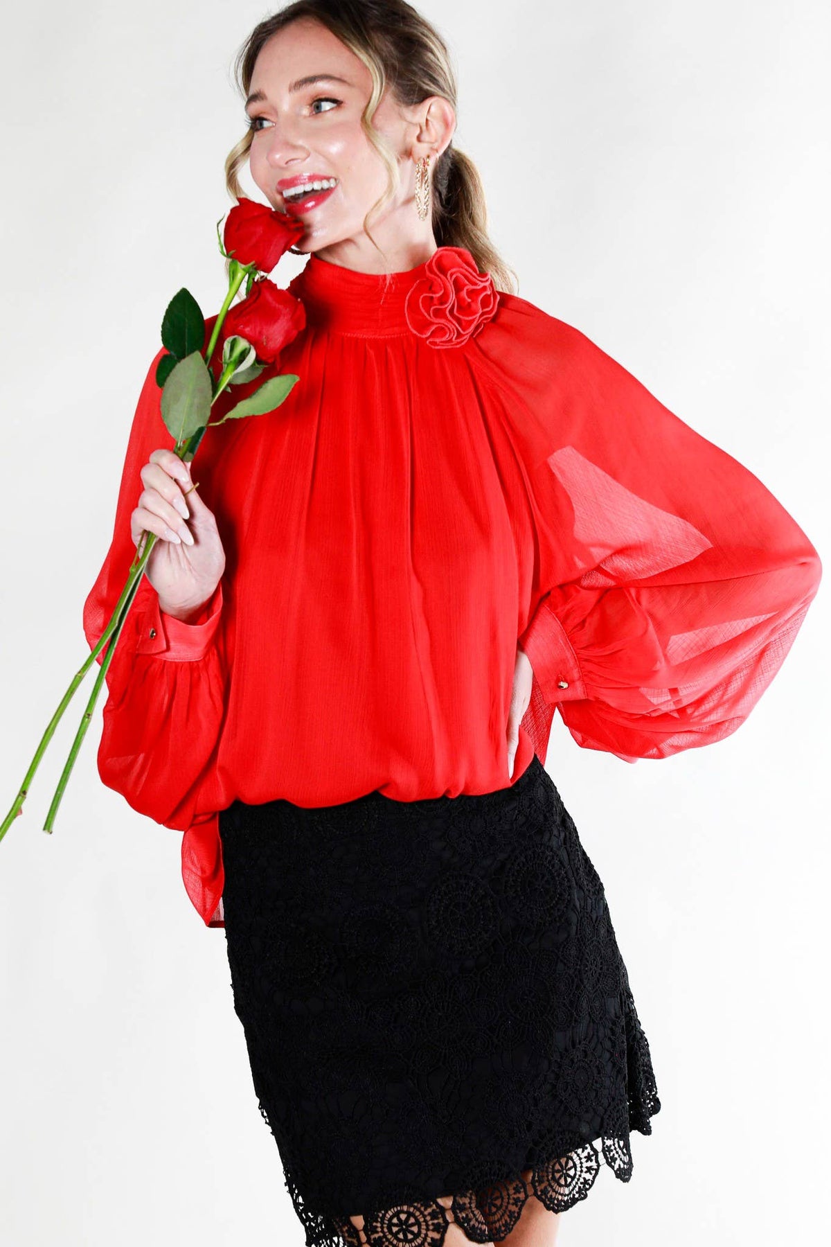Red Raglan Bubble Sleeve Tie Neck Blouse Top | Vine & Love