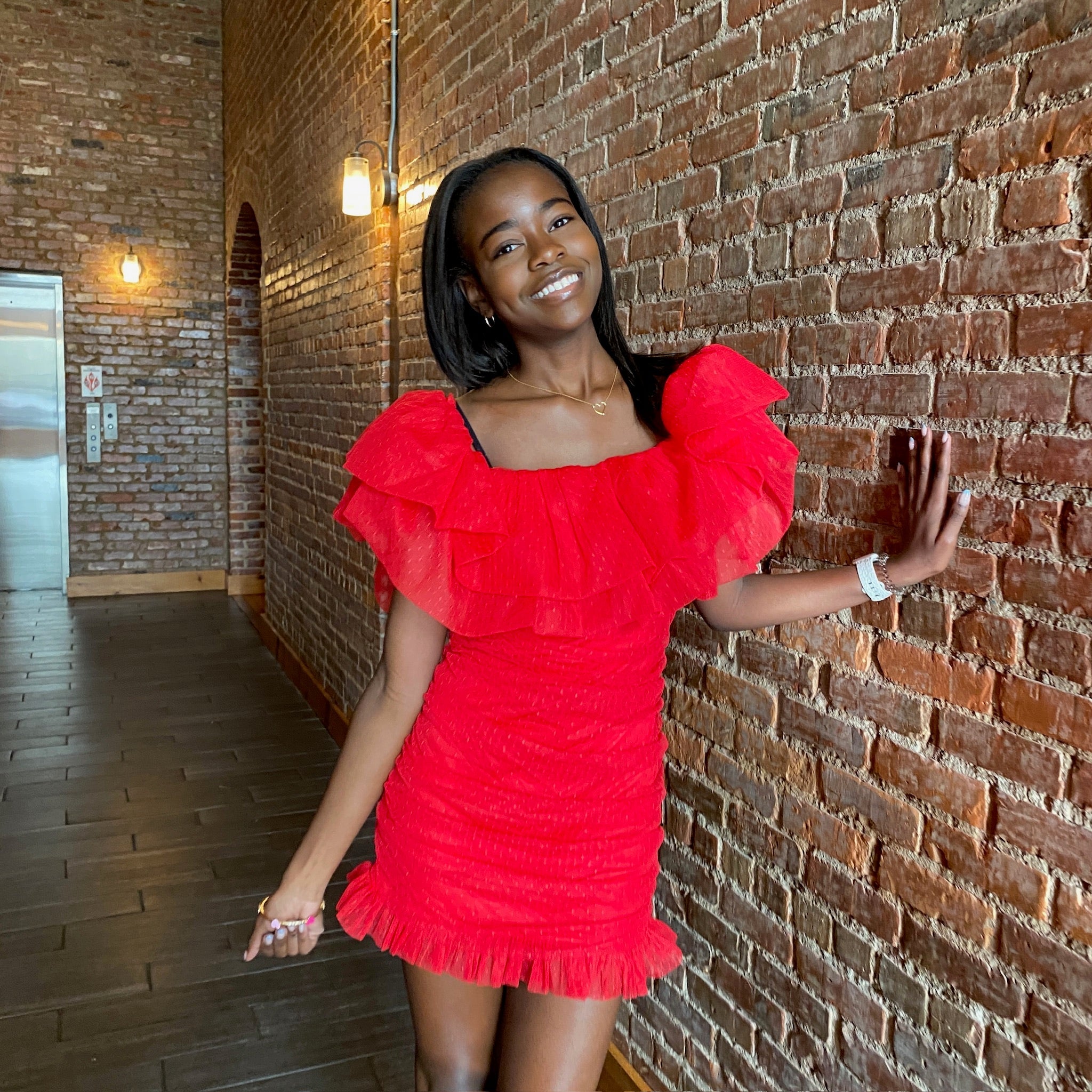 RED RUFFLED OFF SHOULDER RUCHED BODY MINI DRESS WITH MESH SWISS DOT DETAIL Large RED RUFFLED OFF SHOULDER RUCHED BODY MINI DRESS WITH MESH SWISS DOT DETAIL Large