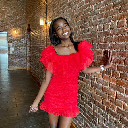 red ruffle dress RUFFLED OFF SHOULDER RUCHED BODY MINI WITH MESH SWISS DOT DETAIL Large Catalogs & Wishbooks | Color:Blue Tutu-XS Product Details Amarina dress Prom dress under £150
