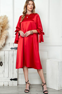 Red Satin Tied Sleeves Dress | Cezele