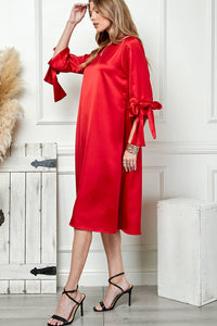 Red Satin Tied Sleeves Dress | Cezele