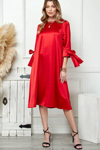 Red Satin Tied Sleeves Dress | Cezele